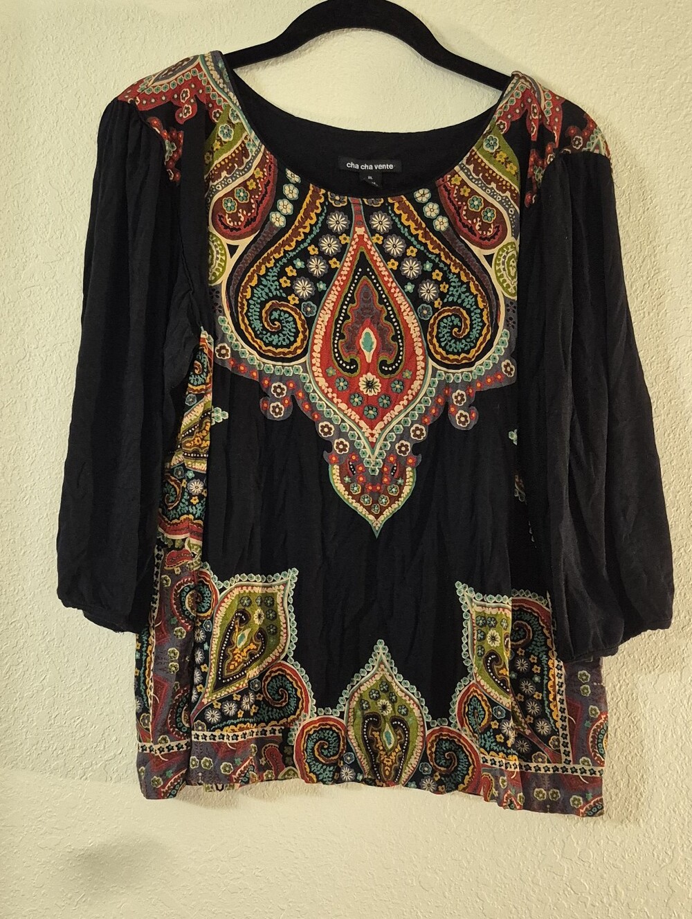 cha cha vente Black Paisley Multicolor Embroidered Tunic Top
